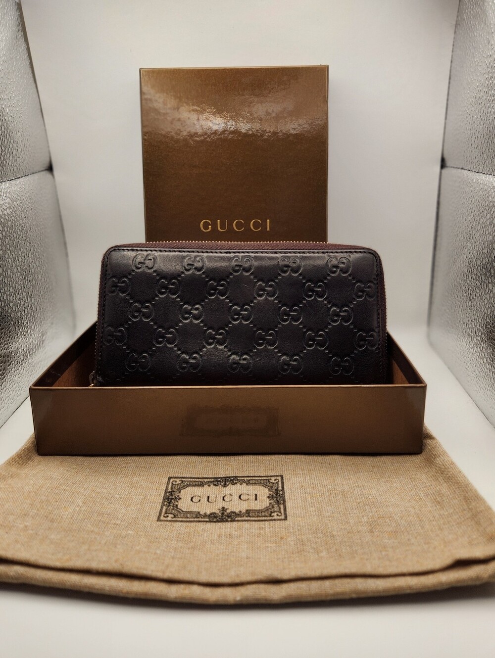 Gucci Dark Brown Leather Guccisima Wallet With Box & Dustbag